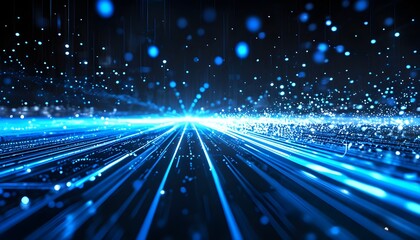 Glowing blue lines and bright particles creating an intricate light pattern on a dark background, evoking a sense of futuristic technology, speed, and connectivity, symbolizing the digital age and the