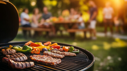 Multiple Barbecue Grills Cooking Meat and Vegetables at a Summer Backyard Party, with Family and Friends Enjoying a Sunny Day, Capturing the Fun and Festive Atmosphere