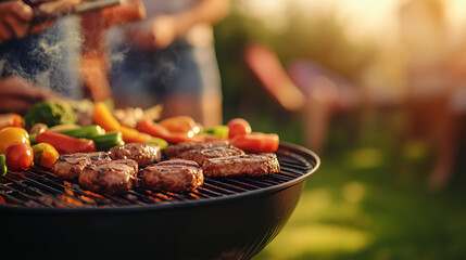 Multiple Barbecue Grills Cooking Meat and Vegetables at a Summer Backyard Party, with Family and Friends Enjoying a Sunny Day, Capturing the Fun and Festive Atmosphere