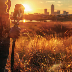 Canvas Print - A country singer holding a vintage microphone in a sunlit field, overlaid with the image of a bustling city skyline at dusk. 64k, UHD, High definition a?