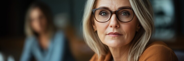 Sticker - A woman with glasses is sitting at a table. She is wearing a brown sweater and has a serious expression on her face