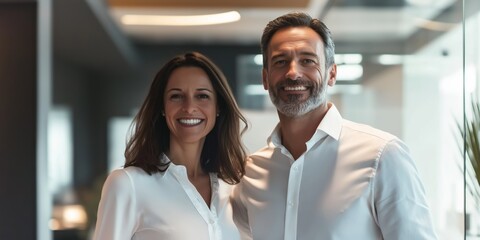 Sticker - A man and woman are smiling for the camera in a business setting. The woman is wearing a white shirt and the man is wearing a white shirt as well