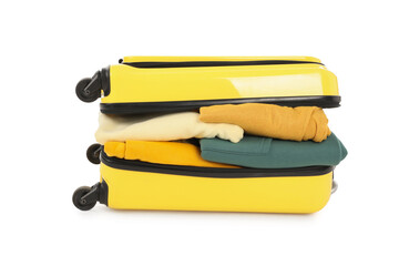 Poster - One new yellow suitcase with clothes isolated on white