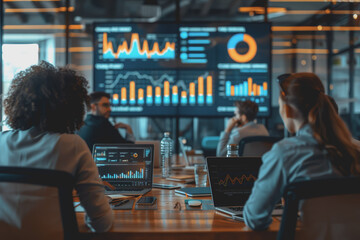 Wall Mural - Businessmen sit in a meeting and analyze profits with graphs displayed on a screen in the office.