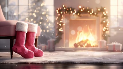 A cozy Christmas scene with two red stockings resting by a pink chair near a fireplace, adorned with festive lights and a decorated tree.