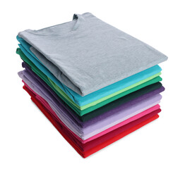 Wall Mural - Stack of clean colorful t-shirts isolated on white