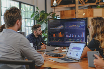 Businessmen sit in a meeting and analyze profits with graphs displayed on a screen in the office.