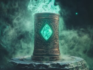 Poster - A glowing green gem encased in an ornate metal cylinder emits smoke and sits on a stone platform.