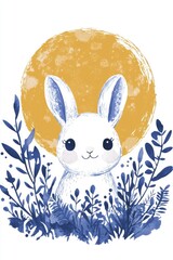 Wall Mural - Cute White Bunny Rabbit Under the Moon