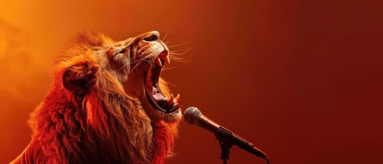 Lion roaring into a microphone on darkyellow background. Free Copy space