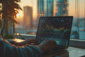 business man hand working on laptop computer financial with graphic graph chart diagram