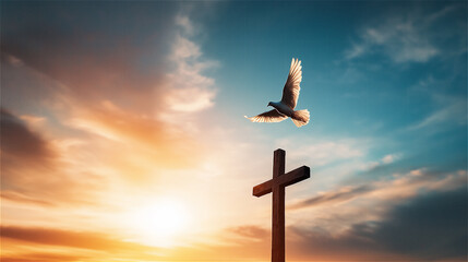 Wall Mural - The blue sky, the cross, the pigeon, the pigeon of the Holy Spirit, the grace of the Holy Spirit