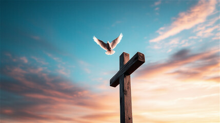 Wall Mural - The blue sky, the cross, the pigeon, the pigeon of the Holy Spirit, the grace of the Holy Spirit