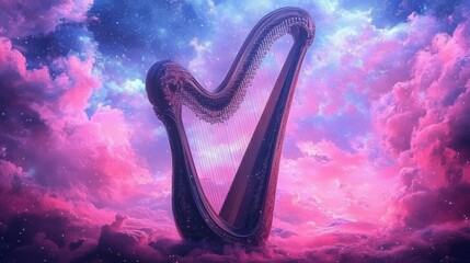 Wall Mural - A harp stands tall against a backdrop of pink and blue clouds.