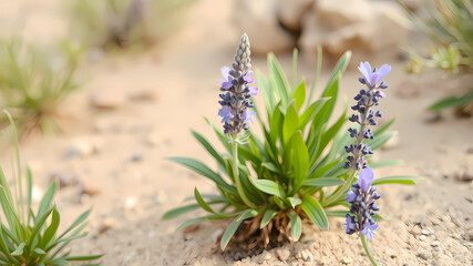 a desert background with some spring herbs, And a little lavender flowers