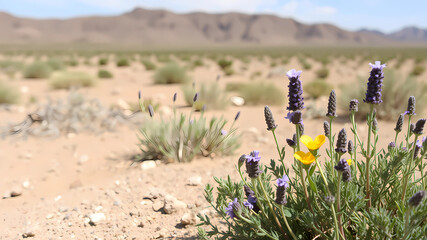 Wall Mural - a desert background with some spring herbs, And a little lavender flowers