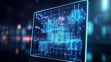 Futuristic digital interface showcasing holographic data structures and designs in a tech-inspired environment.