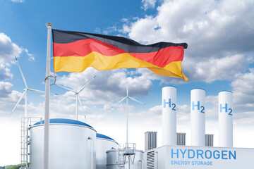 Wall Mural - German flag on a background of green hydrogen factory. Concept