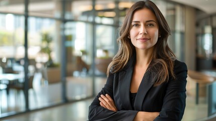 An adult Hispanic entrepreneur In front of accomplished people in a sophisticated office, the CEO exudes confidence.