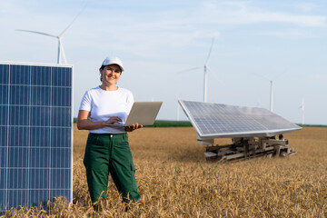 Wall Mural - Farmer controls autonomous agricultural machine powered by solar energy.