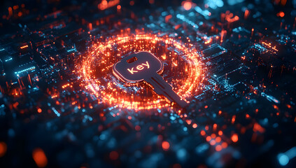 Poster - A futuristic illustration of a glowing key on a digital circuit board, symbolizing technology and security.