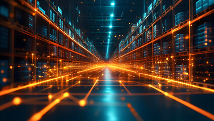 Poster - A mesmerizing view of a futuristic data center, showcasing vibrant lights and technology in motion.