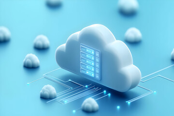 Poster - A modern cloud computing concept, showcasing a digital cloud with server icons and network connections in a vibrant blue design.