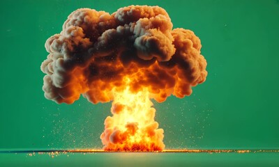 nuclear atomic bomb explosion vfx with smoke, fire and mushroom cloud, isolated on green screen chro