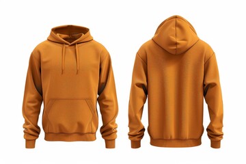 Wall Mural - Blank orange hoodie sweatshirt long sleeve front and back view mockup with clipping path, hoody for design mockup for print, isolated on white background