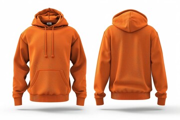 Wall Mural - Blank orange hoodie sweatshirt long sleeve front and back view mockup with clipping path, hoody for design mockup for print, isolated on white background