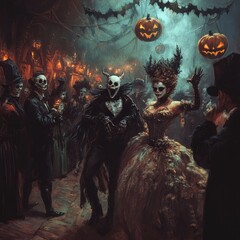 Canvas Print - A macabre masquerade ball with skeletons and pumpkins.