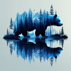 Wall Mural - Bear Silhouette with Forest and Mountains Reflection