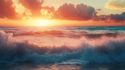 Canvas Print - rough wave beach at sunset 