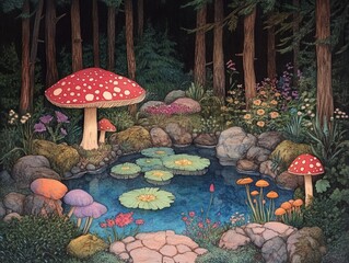 Sticker - A magical forest pond surrounded by lush greenery, with toadstools and lily pads.