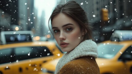 Wall Mural - Woman in Winter Coat on Snowy City Street with Yellow Taxis in Background