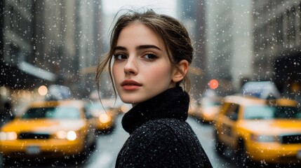 Wall Mural - Young Woman in Black Coat With Snow Falling on Busy New York City Street