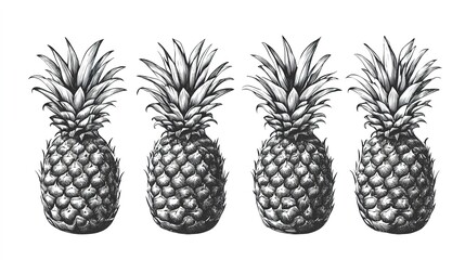 Four hand-drawn pineapples in a linear arrangement on a white background