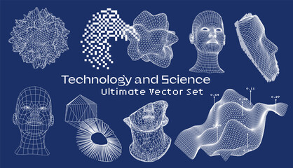 Leinwandbilder - Large set of 3D vector illustrations related to scientific technology, showing abstract figures and schematic diagrams and blueprints.