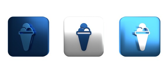 Colorful Ice cream in waffle cone icon isolated on white background. Sweet symbol. Square button. 3D render illustration