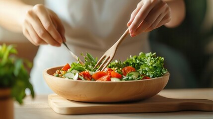 Fresh salad preparation with vibrant vegetables, showcasing healthy eating and culinary skills in a bright kitchen setting.