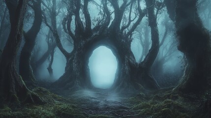 a mysterious and misty path leads through a dense forest, a portal in the trees hints at secrets bey