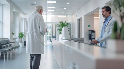Poster - A patient waiting at a hospital registration desk with a friendly doctor nearby. 
