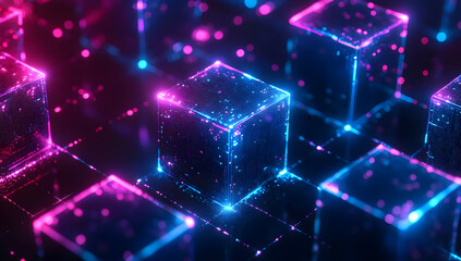 Poster - Abstract digital blocks with glowing neon lights create a futuristic and vibrant technology background.