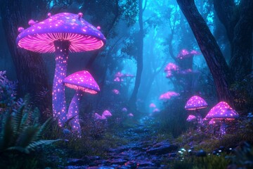 Poster - A path through an enchanted forest with luminous mushrooms and a mystical glow.