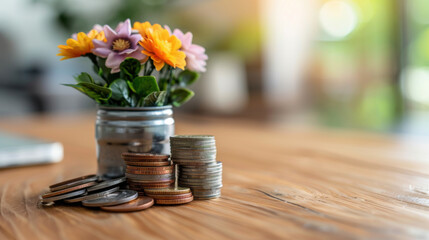 Wall Mural - Stacked coins and a small jar of flowers on a wooden table, symbolizing savings, financial growth, and the concept of wealth and nature.