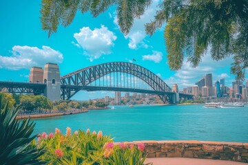 Canvas Print - A picturesque view of a bridge arching over a harbor, with a city skyline in the background.