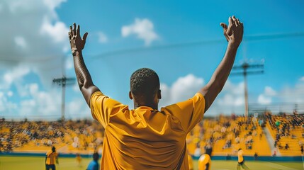 A person of diverse backgrounds wearing football jerseys, celebrating a goal with high-fives. 