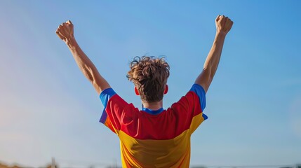 A person of diverse backgrounds wearing football jerseys, celebrating a goal with high-fives. 