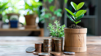 Wall Mural - Potted plant with stacks of coins on a wooden table, symbolizing financial growth, sustainability, and the balance between wealth and nature.