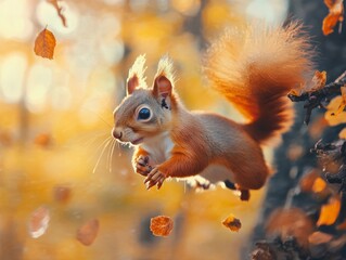 A red squirrel leaps through the air, its bushy tail spread wide, amidst a shower of autumn leaves.